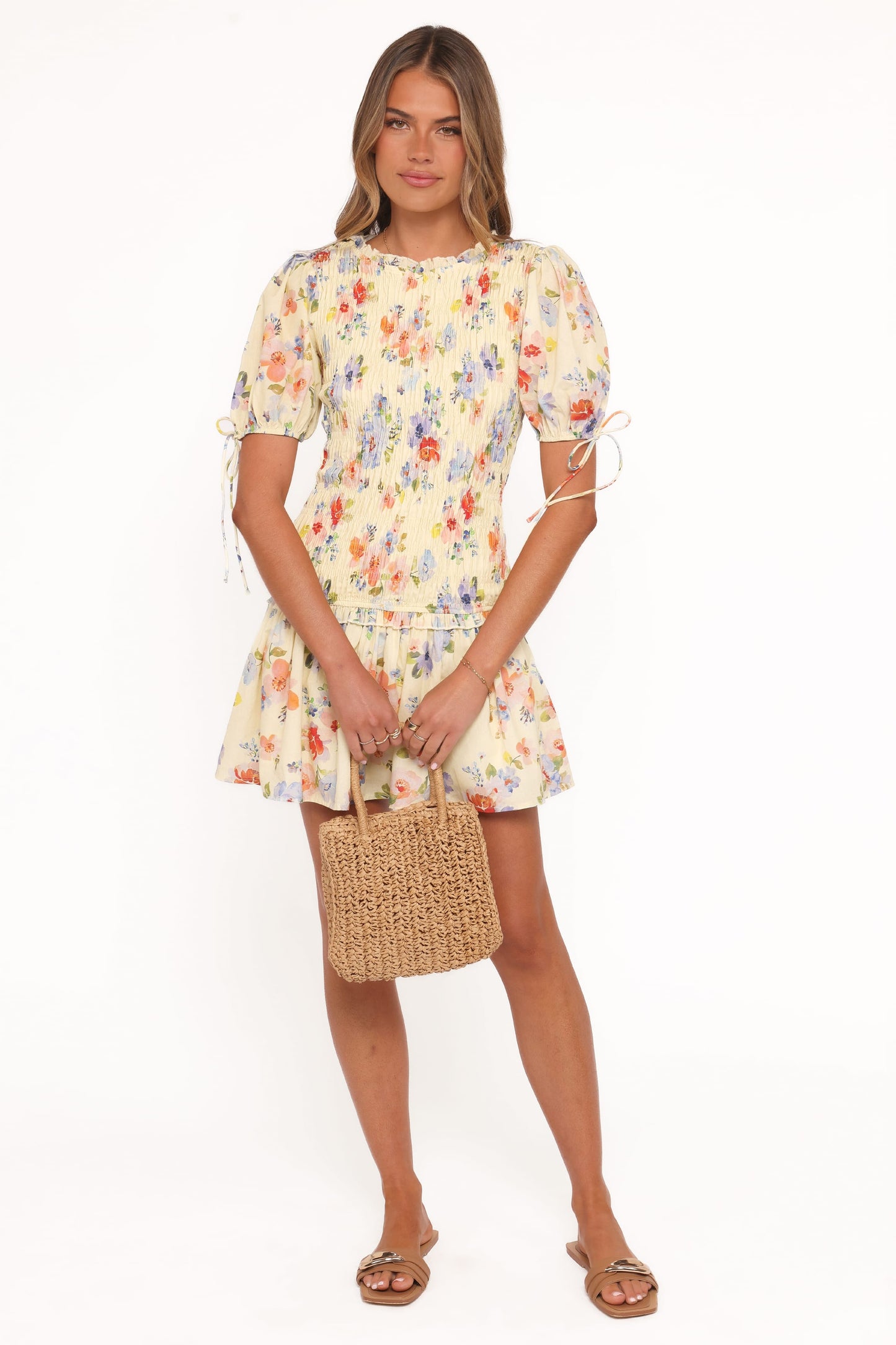 Kaelyn Gather Mini Dress - Yellow Floral