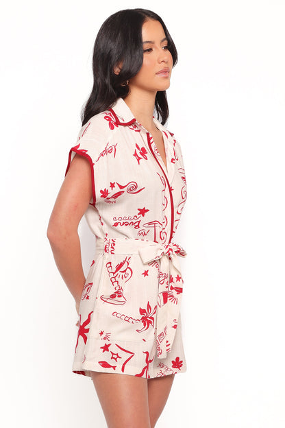 Kensie Tie Waist Romper - Red