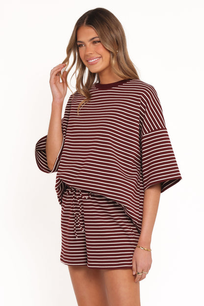 Hellen Stripe Short Set - Burgundy Cream Stripe